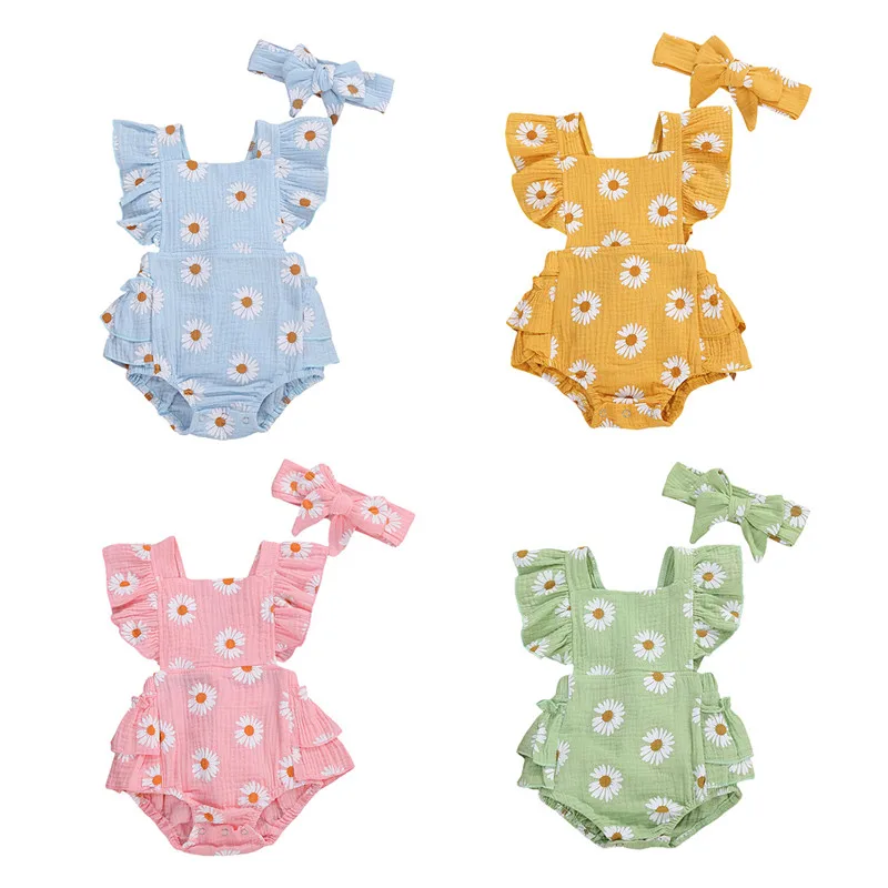 

2Pcs Sweet Style Baby Girls Cotton Romper Baby Girl Breathable Summer Creative Daisy Printing Fly Sleeve Romper+Bow Headwear Set