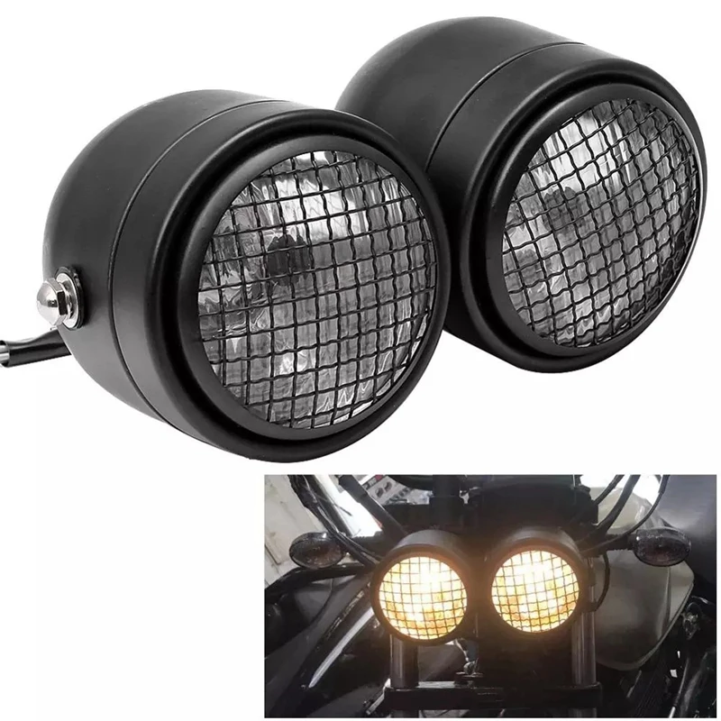 

Motorcycle Cafe Racer Universal Dominator Grill Twins Dual Headlight Double Head Light Lamp for Yamaha Honda Bobber