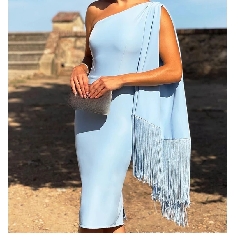

Sky Blue Party Dress Women Tassel Cloak Slim High Waist One-Shoulder Slim Fits Eveining Wrap Bodycon Dress
