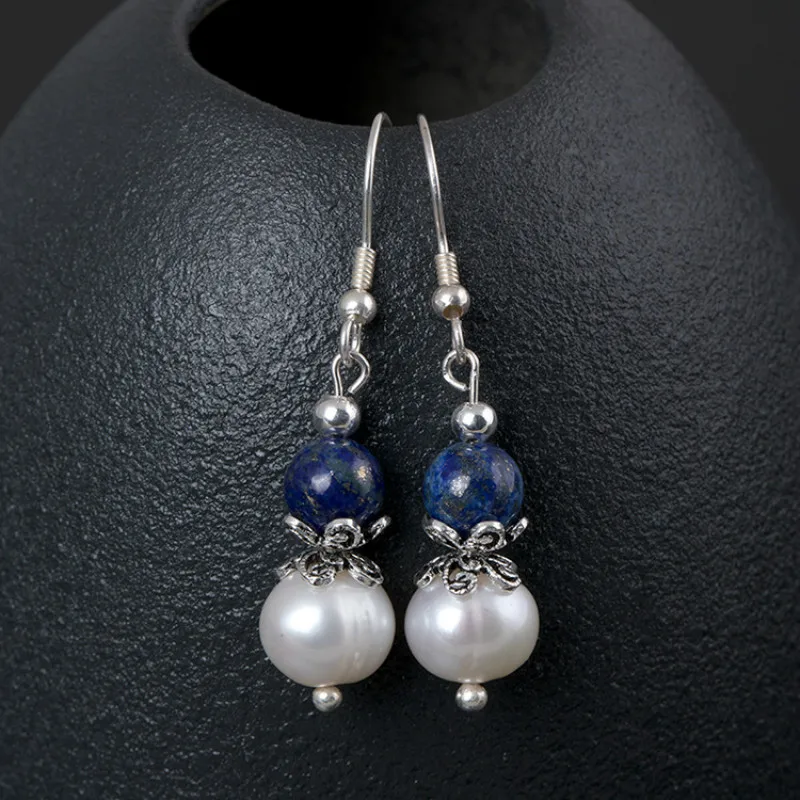 

S925 Pure Silver Natural Freshwater Pearl Earrings Lapis Lazuli Beads Earrings for Women Lady Fine Jewelry