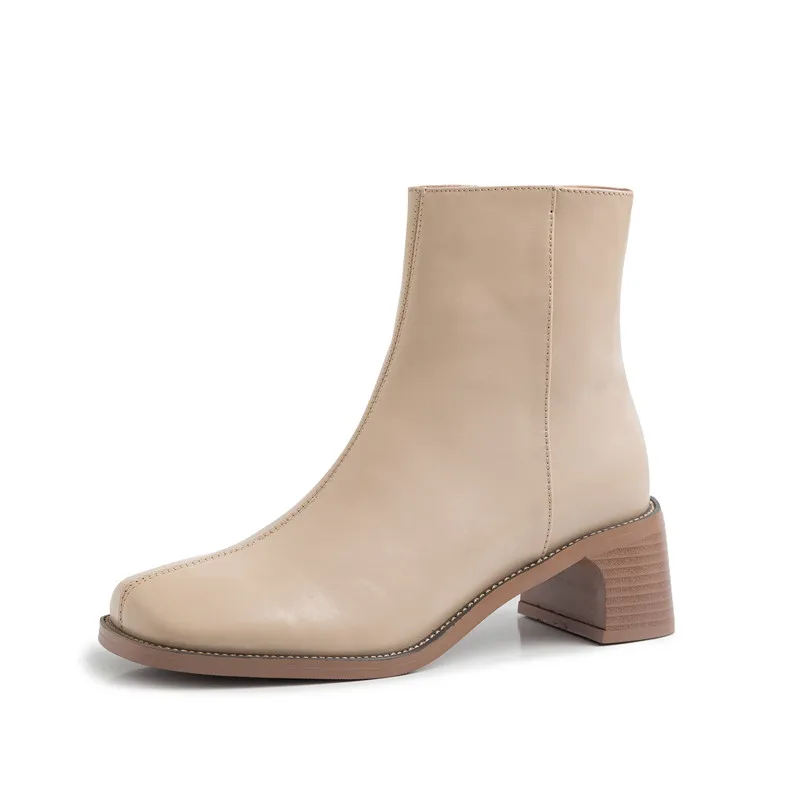 

FOREADA Real Leather Woman Boots High Heel Ankle Boots Zip Block Heel Short Boots Square Toe Ladies Shoes Autumn Black Size 41