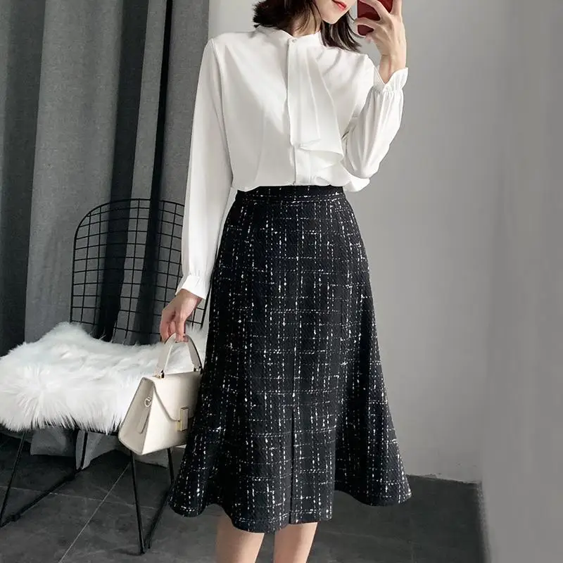 Hip Wrap Skirt for women large size slim fit with thin tweed split skirt high waist and calf mature women's professional skirt