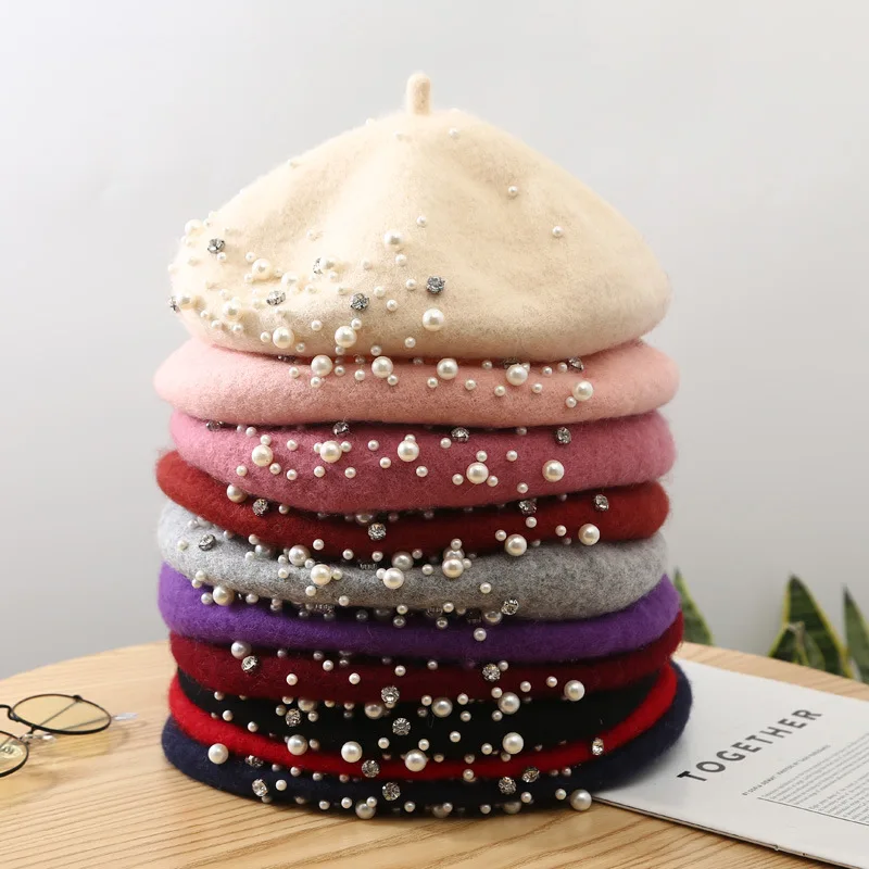 

New Arrivals Winter Warm Pearl Rhinestone Beret Hat Classic Beanie Caps French Berets Casual Winter Hat for Women Girl Cap