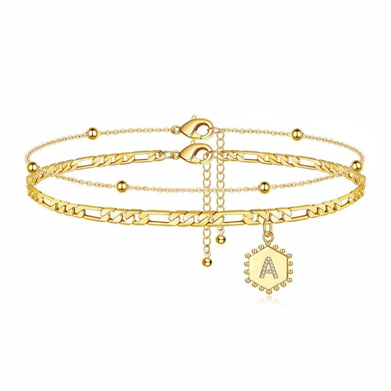 

Fashion A-Z Letter Anklets For Women Initials Ankle Bracelet Gold Zircon Hexagon Foot Accessories Double Chain Alphabet Jewelry