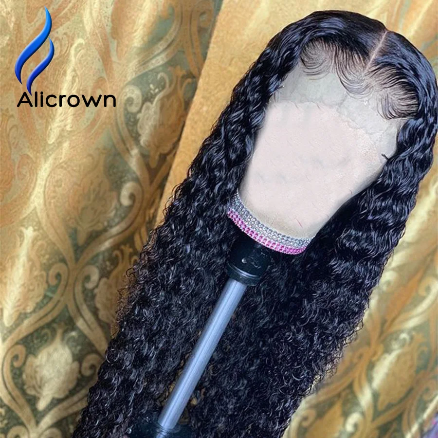 ALICROWN 13*4 кружевные передние человеческие волосы парики с детскими волосами Средний рацион кудрявые кружевные парики не Реми волосы узлы отбеленные 130 Плотность