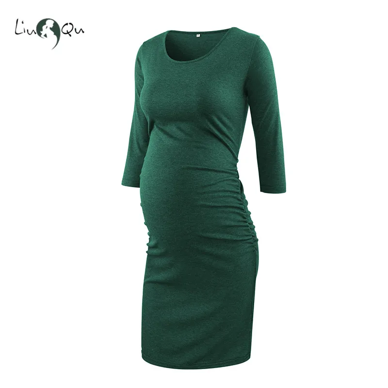 Платье для беременных с рукавом 3/4 до колена платье боковыми оборками