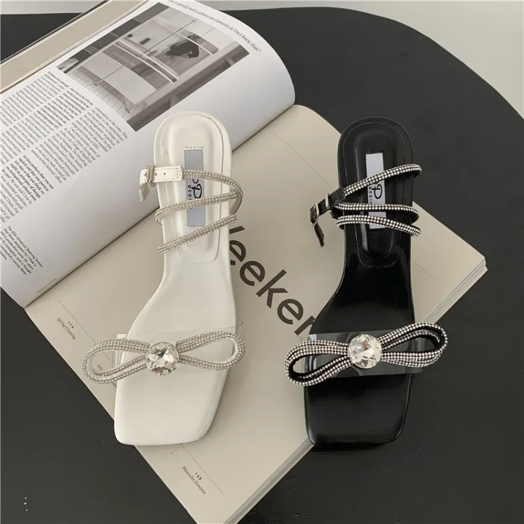 

Beige Heeled Sandals Velvet Shoes Square Toe Buckle 2021 Summer All-Match Black Suede Stiletto Girls Rhinestone Plastic Bow Comf