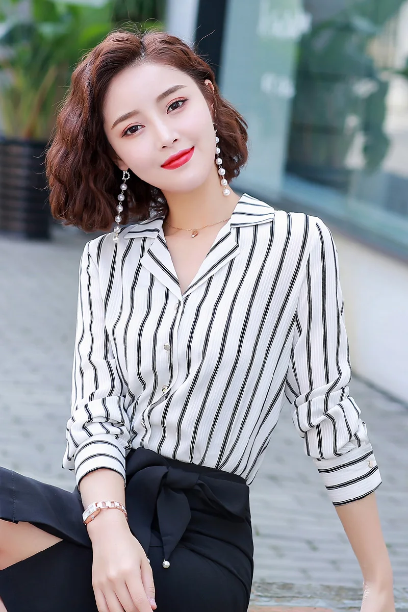 

COIGARSAM Fashion Patchwork Shirt Womens tops New Spring Office Lady Striped Full Sleeve Chiffon Women shirts White Green 891