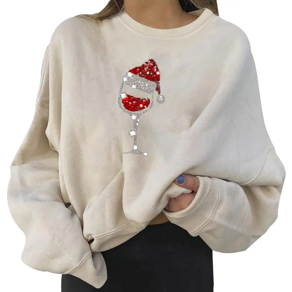 

O-Neck Oversized Fleece Lined Pullover Sweatshirt Women Wine Cup Christmas Hat Print Women Sweatshirt Ladies Clothing