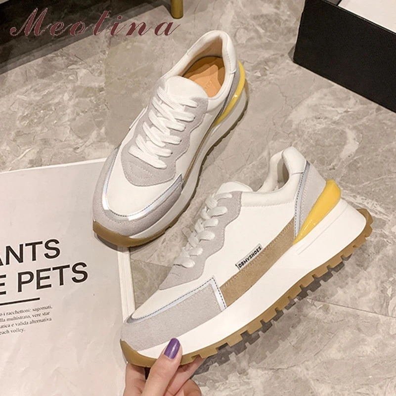 

Meotina Shoes Women Natural Genuine Leather Flat Platform Sneakers Lady Casual Shoes Lace Up Mixed Colors Footwear Spring White