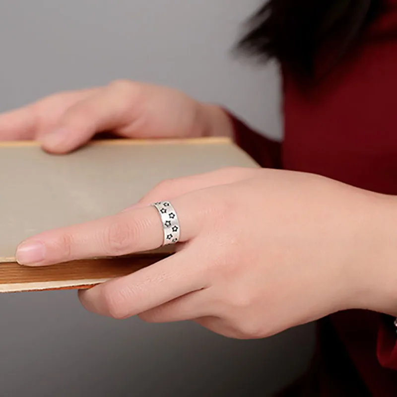 

Foxanry 925 Sterling Silver Smooth Rings for Women Couples New Fashion Simple Stars Scrub Finger Party Jewelry Gifts