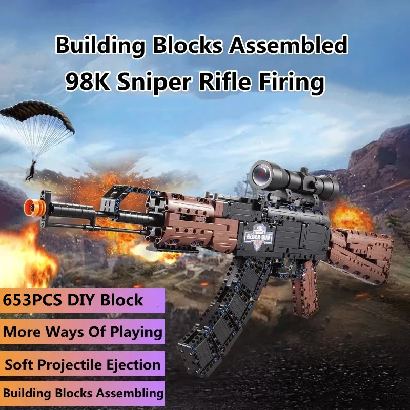

Children 653PCS DIY Assembled Building Block Gun 98k Rifle Eat Chicken Soft Projectile Ejection Gun Educational Toys For Kids