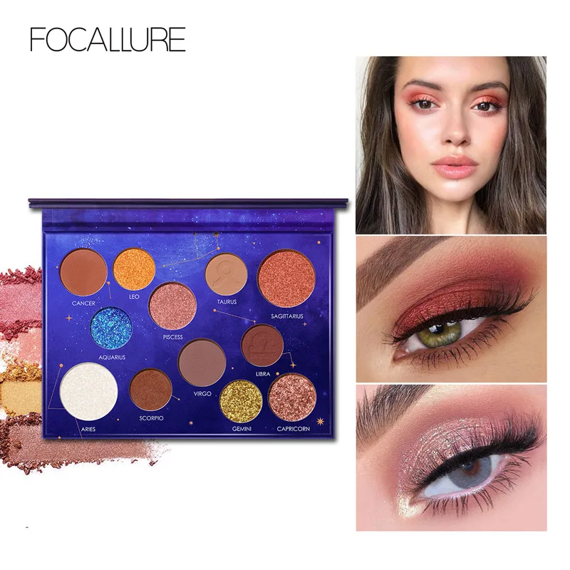 FOCALLURE, новинка, 12 цветов, палитра теней для век, блестящие оттенки, водонепроницаемые, телесные цвета, пигментные тени