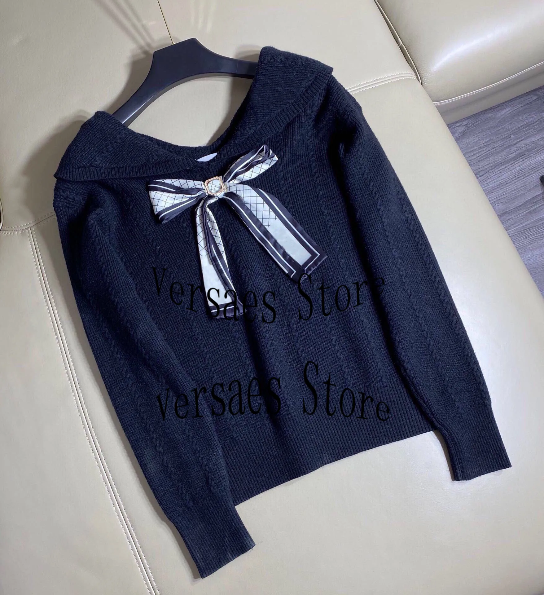 

21 luxury design collar letter embroidery fashion women's Lapel long sleeve Pullover temperament versatile wool knitted sweater