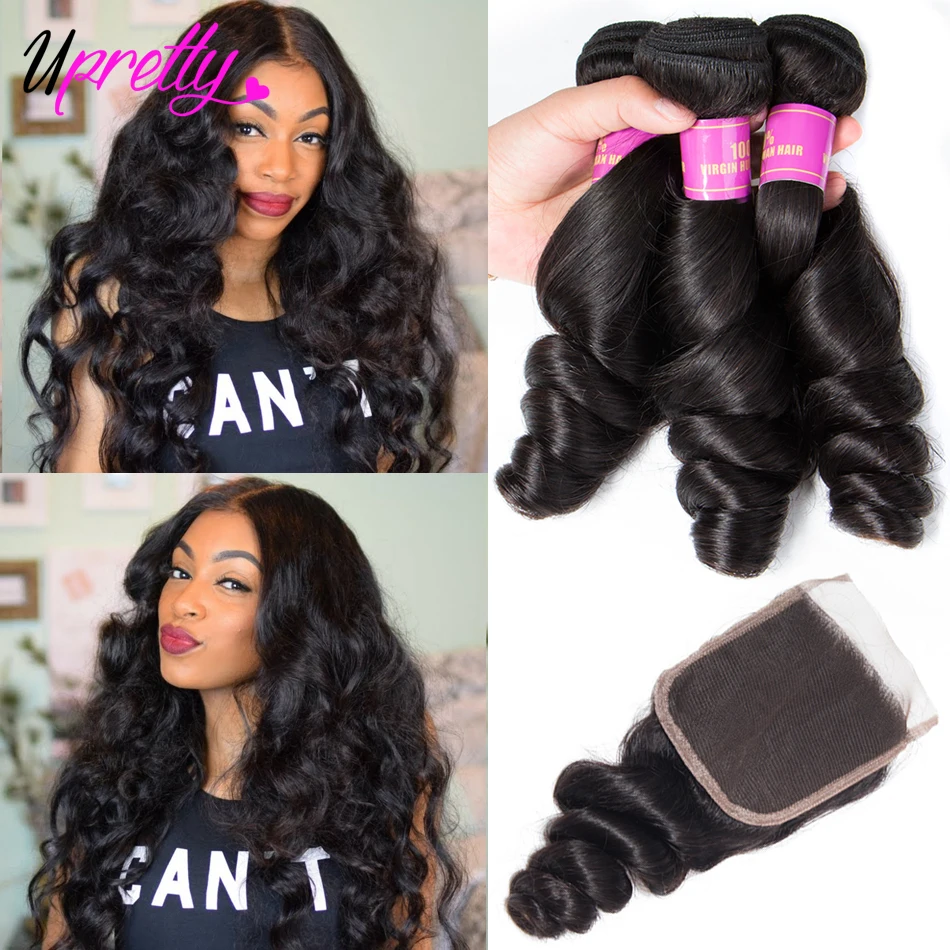 Upretty свободные волнистые пучки волос с застежкой кружевные бразильскими Реми