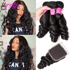 Upretty свободные волнистые пучки волос с застежкой, кружевные пучки с бразильскими Реми натуральные кудрявые пучки волос пряди с застежкой