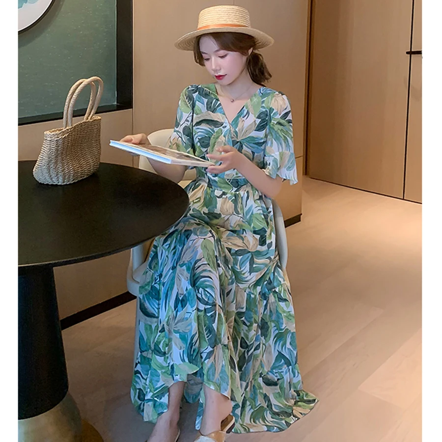 

2021 Summer Green Print Chiffon Boho Maxi Sundress Vintage Elegant Plus Size Floral Midi Runway Dress Slim Women Party Vestidos
