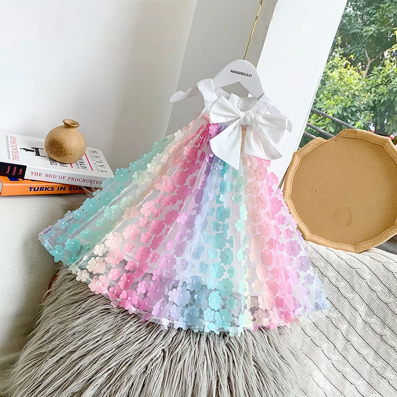 

Jargazol Fashion Little Girls Princess Dress Flower Appliques Bow Tie Sleeveless Dresses Party Birthday Rainbow Costume Vestidos