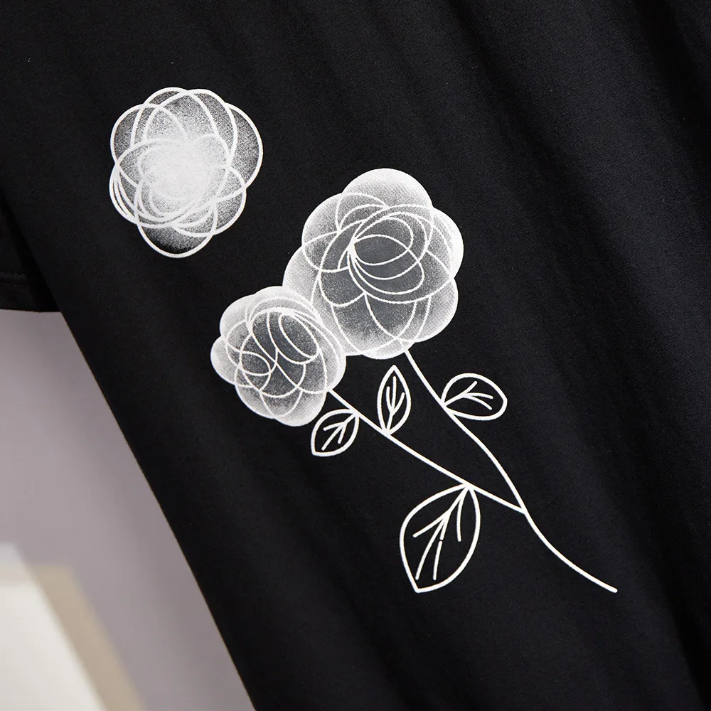 

New 2021 summer plus size tops for women large loose short sleeve floral print cotton T-shirt black gray 3XL 4XL 5XL 6XL 7XL