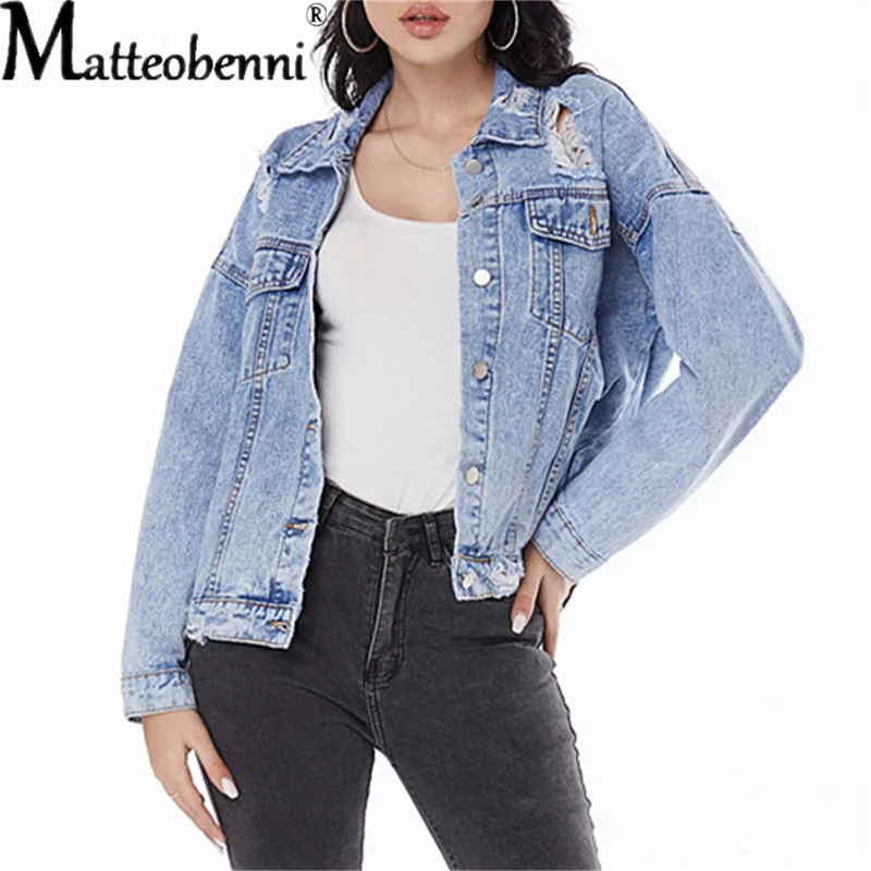 

Women's Short Denim Jacket Casual Loose Plus Size Spring Jeans Coats Ripped Holes Jeans Jacket Women Vintage Bomber Denim Coat