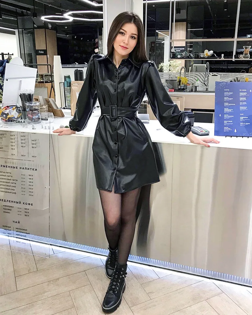 

Dresses for Women 2021 Autumn European and American Foreign Trade Women's Clothing Black Leather Skirt Long Sleeve Dress Sexy T