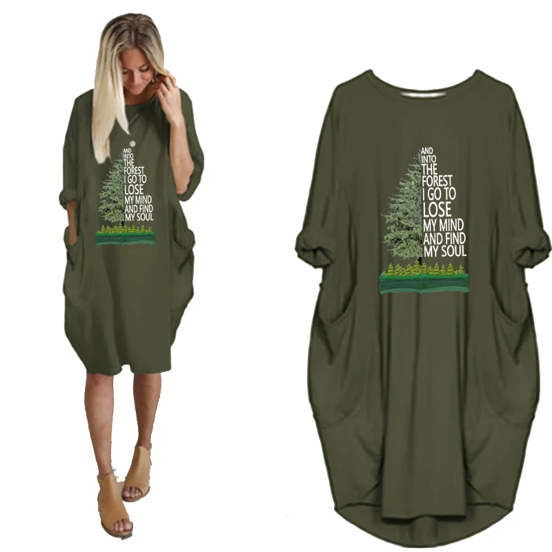 

Women Plus Size Loose Midi Dress Round Neck Long Sleeve Pocket Tree And Letter Print Autumn Winter Oversize Dresses Vestidos 5XL