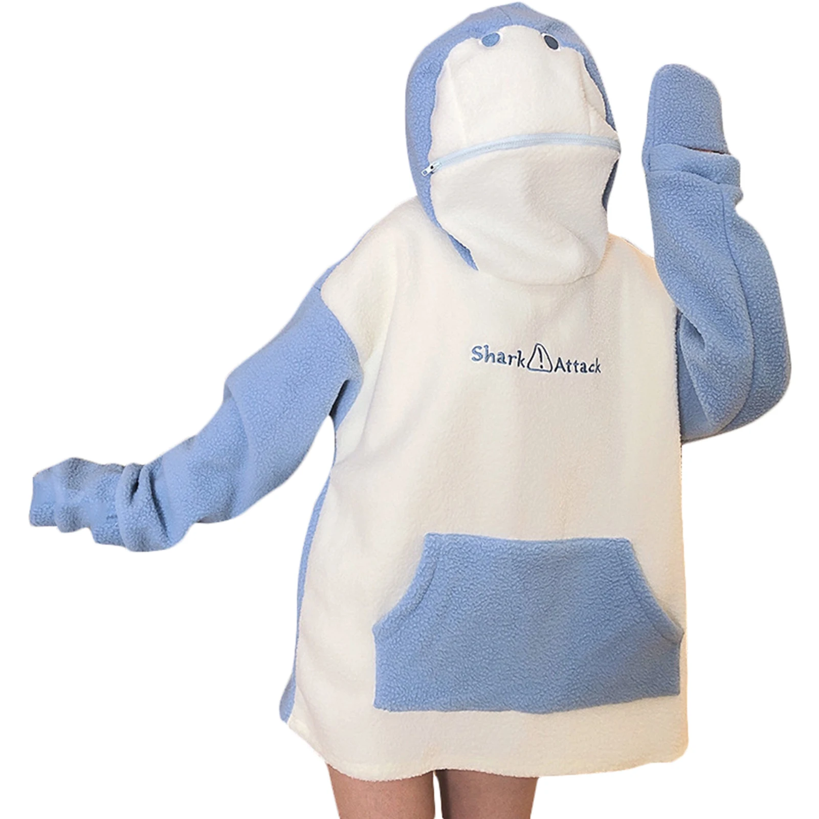 

Shark Embroidery Zipper Letter Plush Hoodie Loose Pullover Hooded Sweatshirt with Large Front Pocket MAEA99