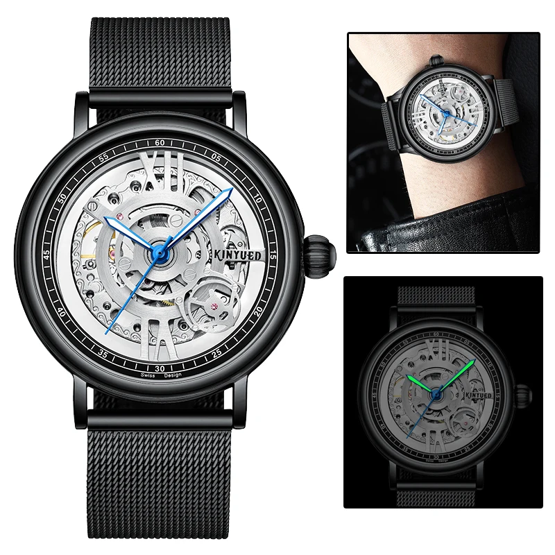 KINYUED модный бренд мужские механические часы нержавеющая сталь скелет