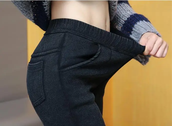 No fur denim Clobee, женские брюки,, большие размеры, XL-6XL, зимние женские брюки, высокая талия, теплые, плюс толстый бархат, тонкие, тянущиеся, брюки-карандаш, J200 - Цвет: No fur denim