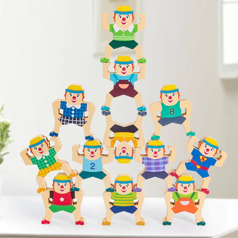 

Wooden Clown Interlock Toys Joker Balance Stacking High Building Blocks Games Toddlers Kids Educational Toys (12Pc)