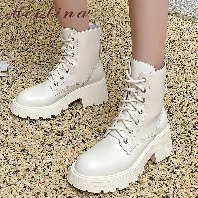 

Meotina Genuine Leather Motorcycle Boots Women Shoes Thick Heel Round Toe Ankle Boots Med Heel Lace Up Lady Boots Autumn White