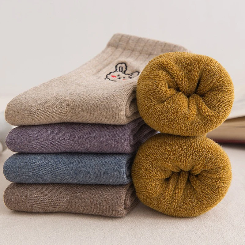 

Зимние толстые зимние теплые плюшевые Носки с рисунком зайца в стиле Харадзюку, японские Мультяшные забавные носки, средние Носки