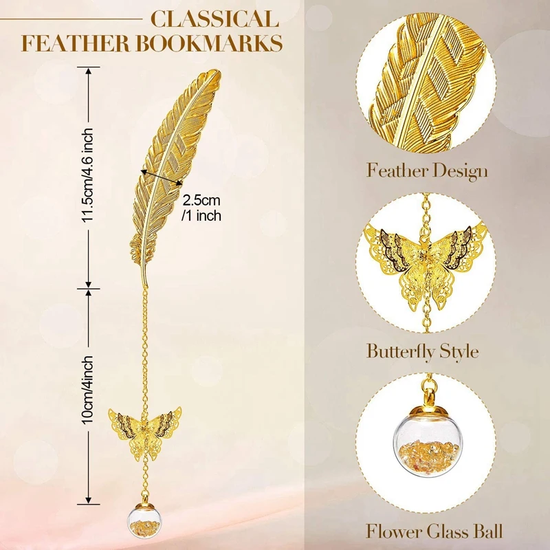 

2Pcs Reader Gift Classical Bookmarks Metal Feather Butterfly Pendants Suitable Gift for Women, Girls, Kids, Readers