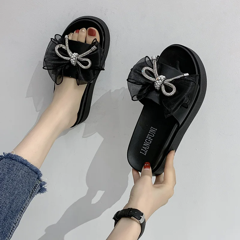 

Beach Shoes Slippers Casual Med Slides Platform Butterfly-Knot Slipers Women Sabot Luxury Flat 2021 Summer Butterfly-knot PU