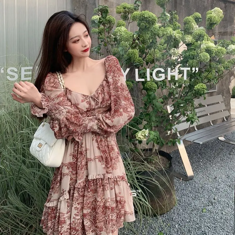 

2021 Spring Summer Women Stylish Mini Dress Slash Neck Vintage Printed Chiffon Chic Dress Elegant Ruffles Feminine Party Dress