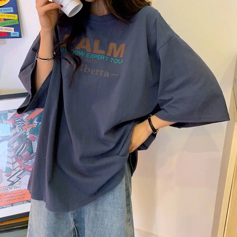 

Letter Print Summer T-shirts Women Korean Style Casual Streetwear Vintage Harajuku T shirt Loose Cotton Tops Tees Plus Size X053