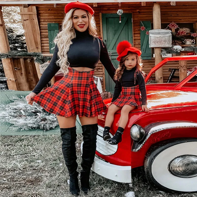 

2021 Women Skirt 2PCS Set Long Sleeve Turtleneck Cotton Slim T-shirt Tops Bandage Red Plaid Skirt Lady Autumn Clothes S-5XL