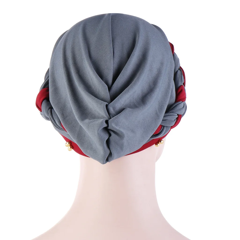 

2020 Muslim Toque Indian hat Turban Hijab Islamic Ladies Stretch Head Wrap Double Color Scarf Spring And Autumn Gold Pearl Cap