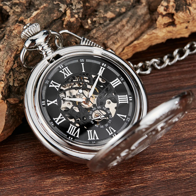 Retro Flower Hollow Skeleton Automatic Mechanical Pocket Watch Mens Fob Chain Steel Exquisite Sculpture Women Roman Numerals