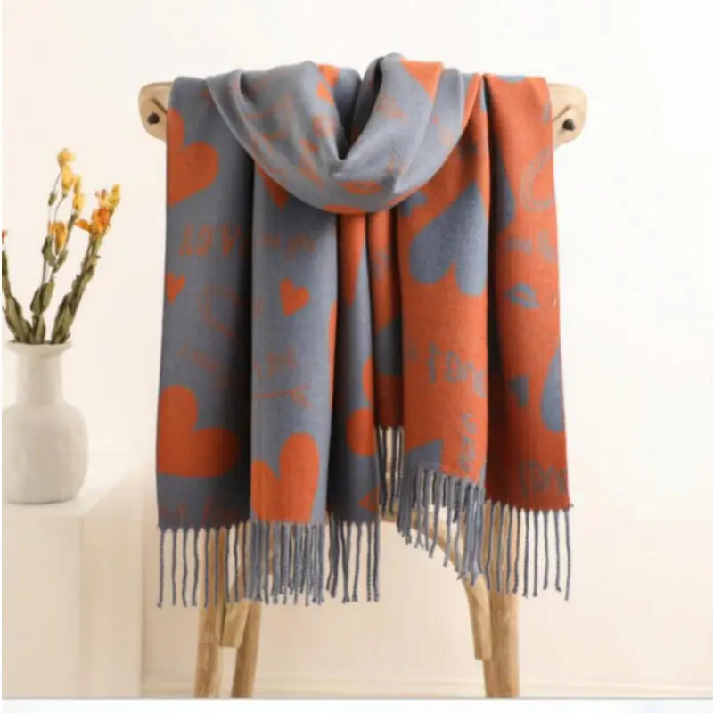 

New style imitation cashmere scarf women's winter warm heart bib thick double color tassel long shawl.