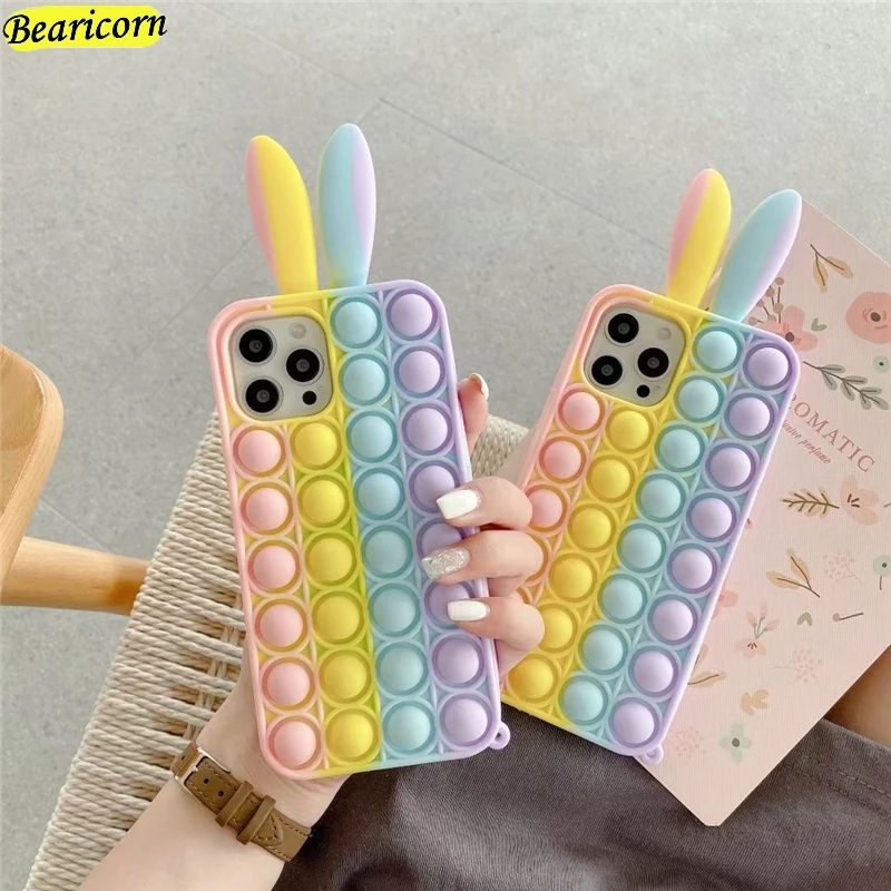 fidget toys pop push bubble silicone beans case for samsung galaxy a32 4g a52 a72 a12 m12 f12 cartoon bunny rabbit rainbow cover free global shipping