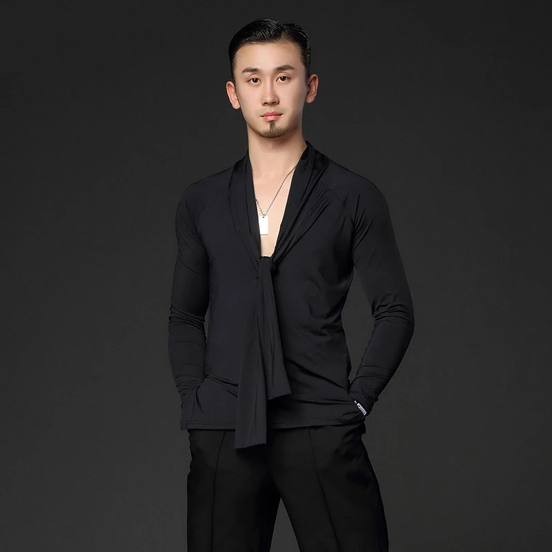 

Men Latin Dance Costumes Black Long Sleeve Shirts Latin Performance Practice Wear Ballroom Dance Competition Clothes DN7205