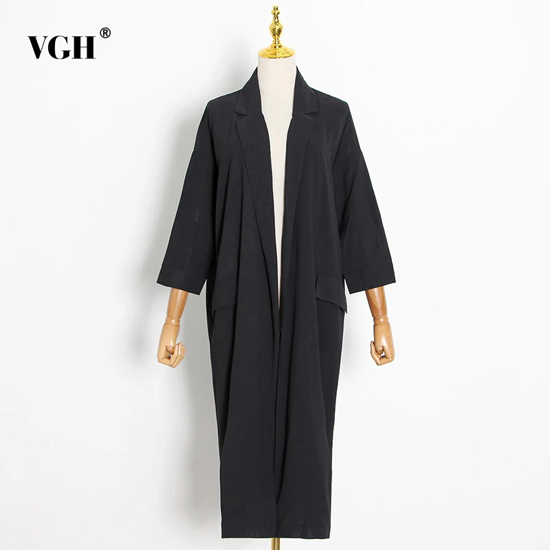 

VGH Black Loose Cardigans For Women Lapel Long Sleeve Casual Minimalist Patchwork Pocket Female Jackets Female Fashion New Tide