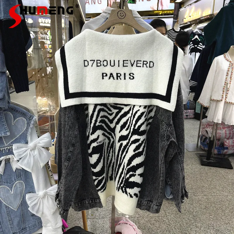 

Женская джинсовая куртка, Повседневная Свободная трикотажная куртка с матросским воротником и длинным рукавом, осень 2021