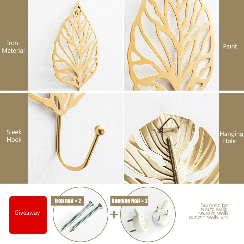 

Golden Home Decor Metal Leaf Shape Kitchen Hook Door Wall Wardrobe Clothes Bag Key Scarf Hanger Decoration Multi-Purpose Hooks