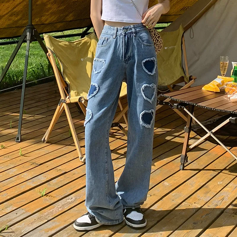 

Love Patchwork Denim Pants New Women's Clothing Fashion Sexy High Waist Stitching Straight Jeans Casual Solid Slim Blue Trouser