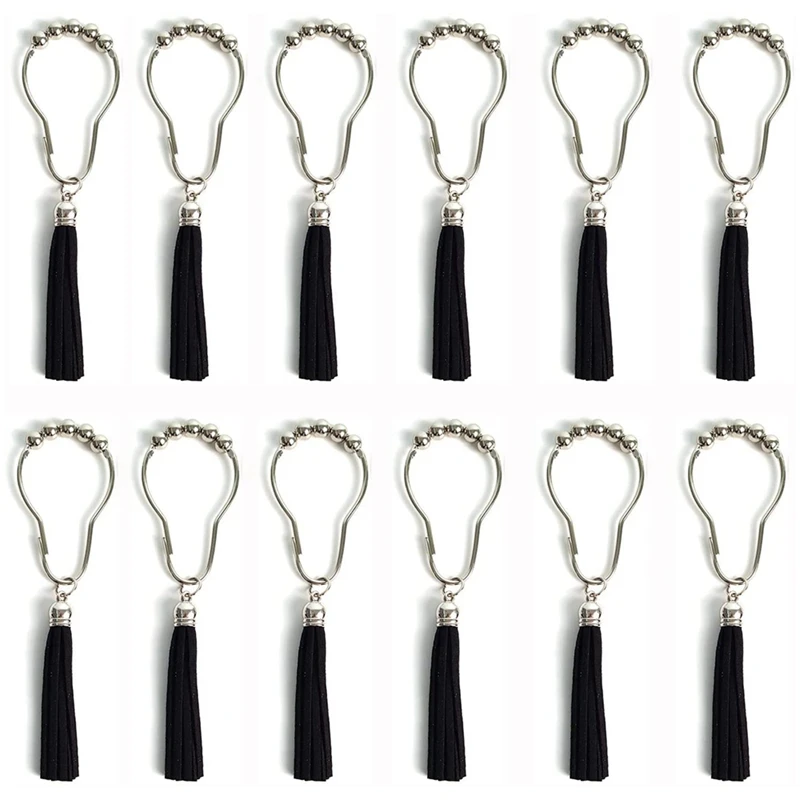 

Decorative Shower Curtain Hooks Rust-Resistant Stainless Steel Ring with Tassels for Bathroom Shower Rod-Black