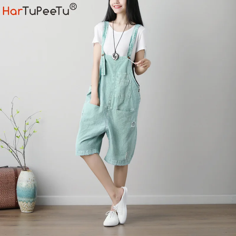 Летний Тонкий женский комбинезон свободного покроя из хлопка и льна рваные