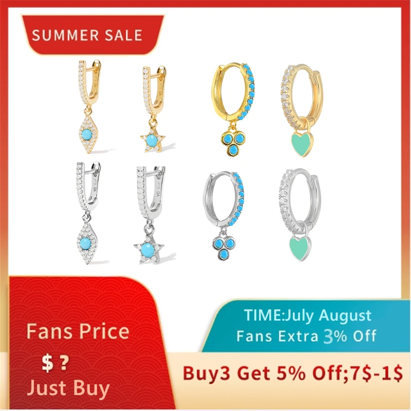 

MC 925 Sterling Silver Korean Woman Earrings Turquoise Diamond Small Hoop Earring For Party Silver Zircons Piercing Earrings