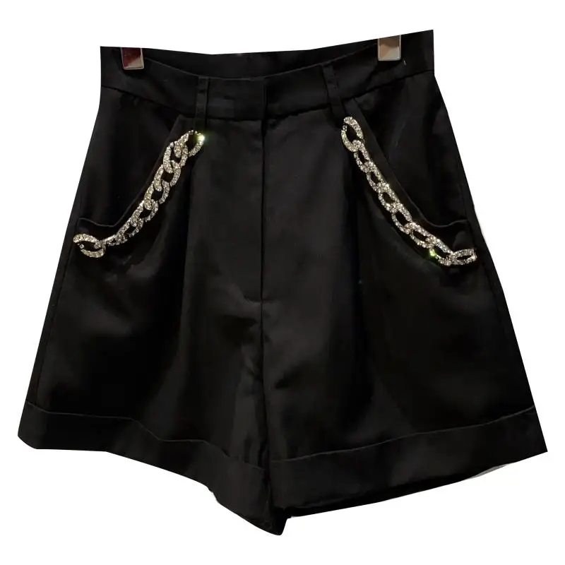 

2021 Summer Women Black Shorts Diamond Metal Chain Belt Lining Suit Shorts
